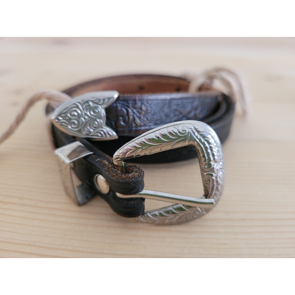 Vintage Western Tooled Leather‎ Skinny Belt Brown Silver Engraved Buckle Tip